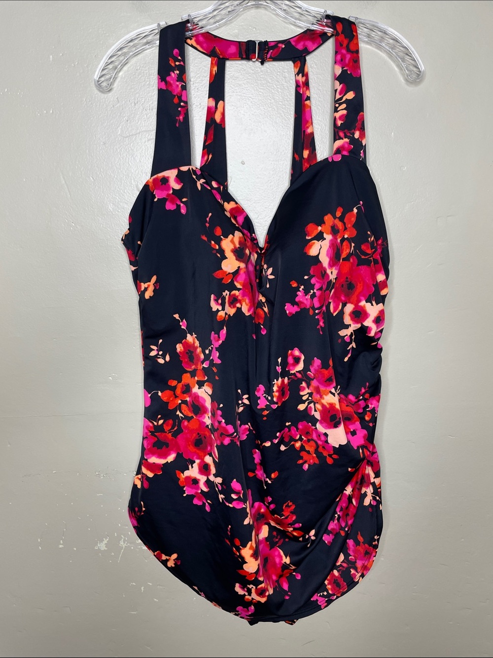 SWIMSUITS FOR ALL Pink & Red Floral H-Back Sarong Front One Piece Swimsuit 24
